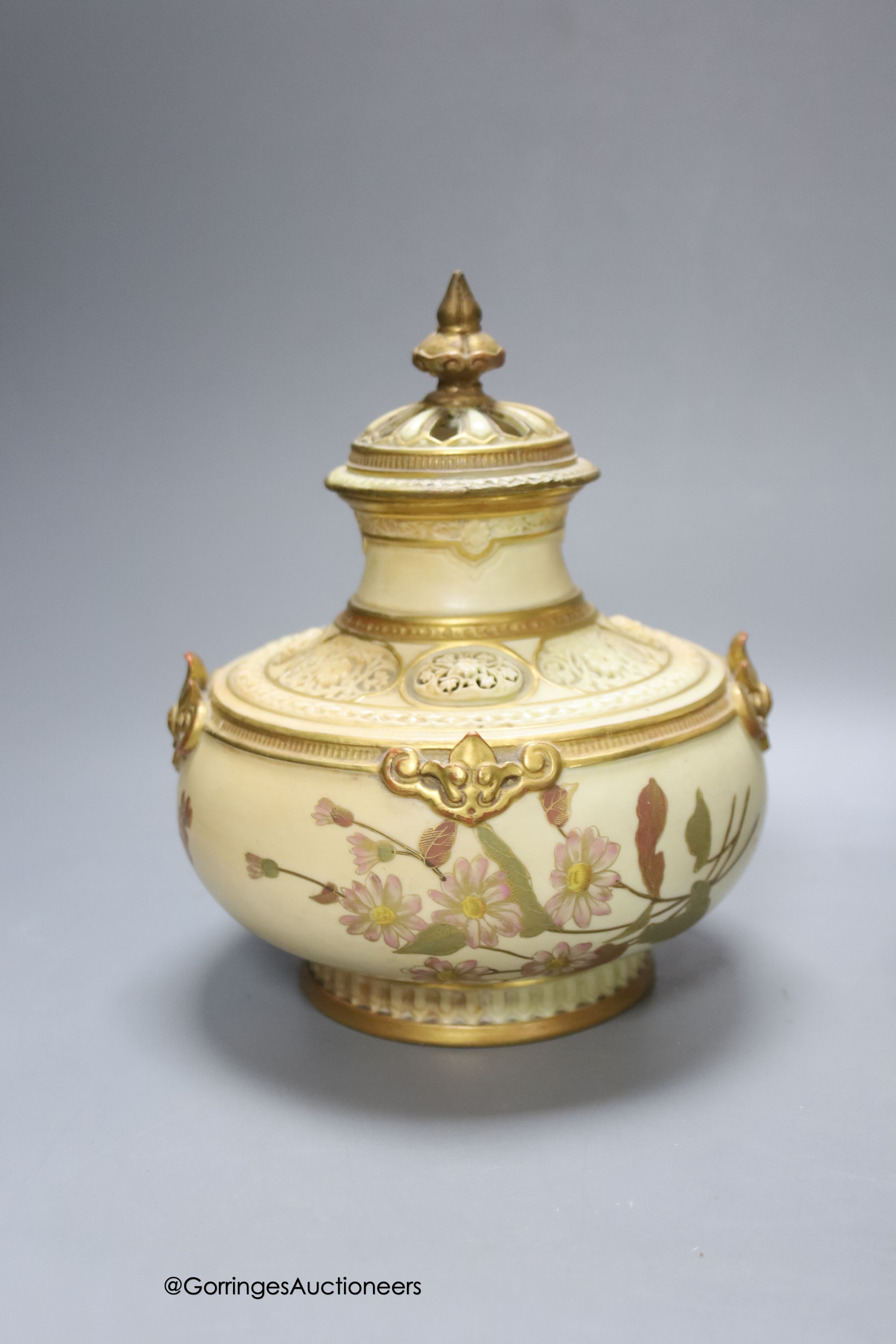 A Royal Worcester pot pourri vase and cover, a shell dish and a blush and gilt lizard handled vase, 29cm (faults)
